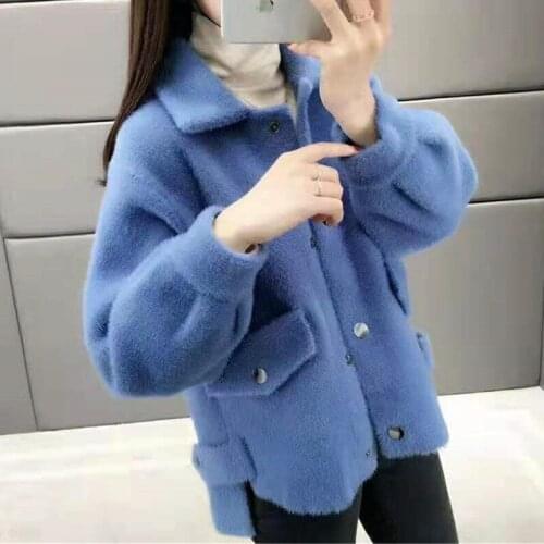 Women Thick Warm New Faux Mink Cashmere Cardigan Elegant Solid Sweater Cardigan Lantern Sleeve Knitted Sweaters Coat Outwear