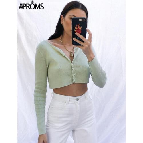 Aproms Candy Color Ribbed Knitted Cardigan Women Autumn Winter Long Sleeve Basic Cropped Sweaters Female Casual Short Jumper Top