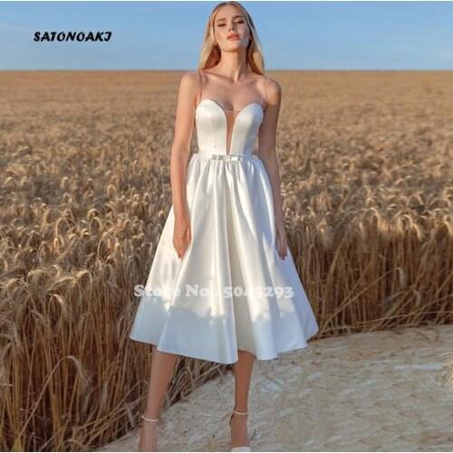 Elegant Short Wedding Dress For Women A-Line Knee Length Sweetheart Simple Beach White Pearl Satin Bridal Gown Vestido De Novia