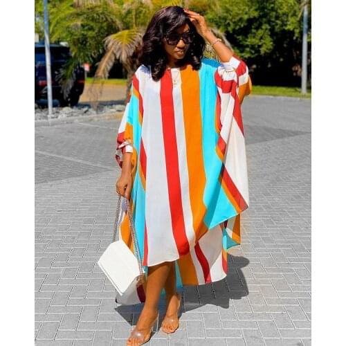 Woman Casual Loose Beach Dress Multicolor Stripe Printed Sundress Plus Size Women Clothings Summer Autumn Long Sleeve Beachwear