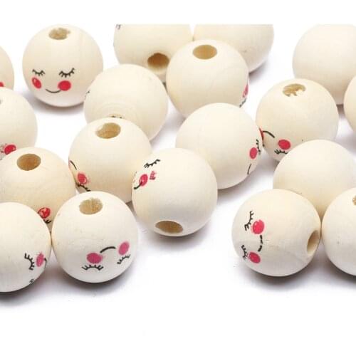 10pcs Wood Color Smile Pattern Wooden Beads 18mm Round Loose Spacer Beads For Jewelry Making DIY Handmade Jewelry Accessories