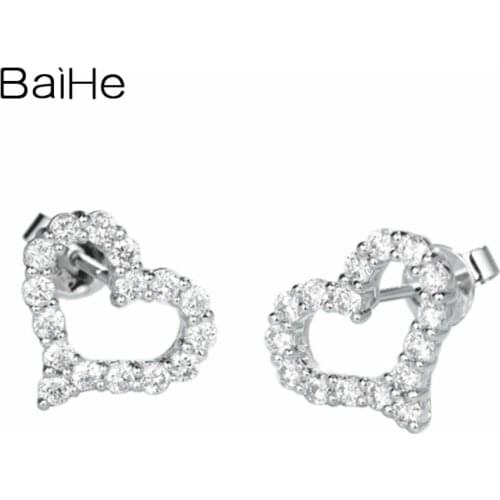 BAIHE Solid 14K White Gold 0.64ct H/SI Natural Diamonds Wedding Engagement Trendy Fine Jewelry Heart Stud Earrings Women серьги