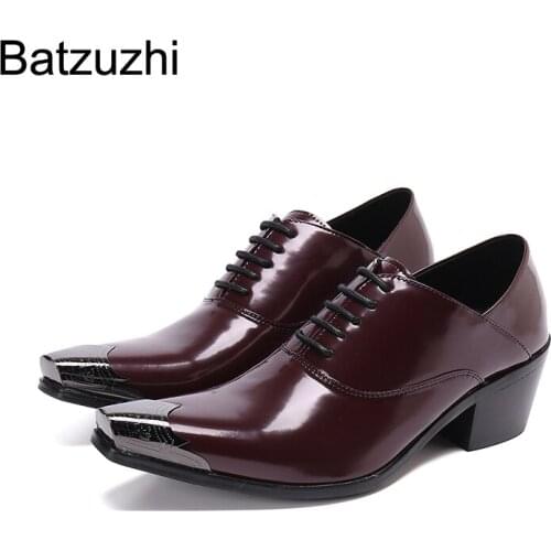 Batzuzhi 6.5cm High Heel Mens Shoes Pointed Metal Toe Leather Dress Shoes Men Lace-up Party and Wedding Zapatos Hombre
