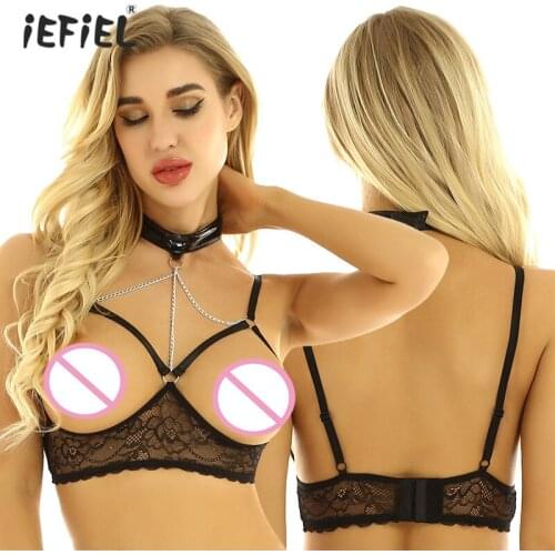 IEFiEL Black Womens See Through Sheer Lace Sexy Lingerie Bra Halter Neck Adjustable Spaghetti Straps Open Cups Wire-free Bra Top