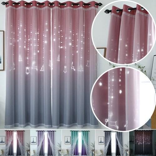 Double-Layer Christmas Window Curtain Yarn Tulle Overlay Hollow Cut Out Ombre Curtain Drape Eyelet Living Room Curtain Decor D30