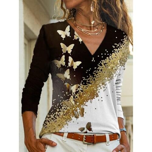 Autumn Long Sleeve Oversized T Shirt Women Sexy V Neck Butterfly Print Cotton T-Shirts Casual Loose Tee Ladies Tops Ropa Mujer