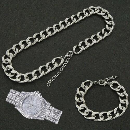 16MM 3pcs Kit Hip Hop Full Iced Out Paved Rhinestone Choker Miami Adjustable Cuban Necklace+Watch+Bracelet For Men Women Jewelry
