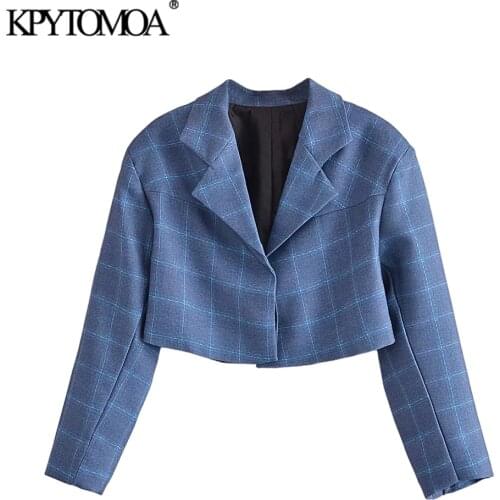 KPYTOMOA Women 2021 Fashion Plaid Cropped Blazer Coat Vintage Long Sleeve Hidden Breasted Female Outerwear Chic Veste Femme