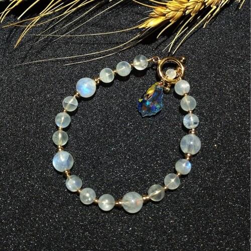 Lii Ji Aurora Natural Moonstone 6mm 8mm Austrian Crystal Charm American 14K Gold Filled OT Clasp Bracelet 18cm