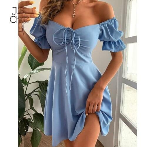 Justchicc Blue Off Shoulder Mini Dress Women Ruffles Solid High Waist Short Sleeves Sexy Summer Dress 2021 Zipper Beach Vestidos
