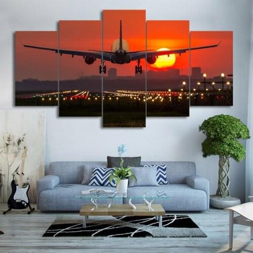 5 pieces Plane Red Sunset Modular Vintage Art Canvas Wall Poster Tableau Picture Print Painting For Living Room Home Decor