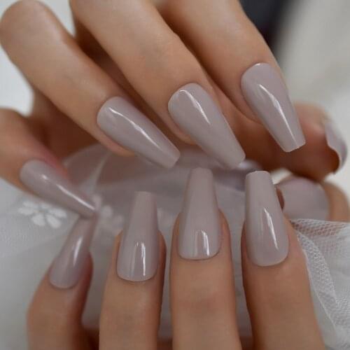 Glossy Light Brown Grey Shiny Long Ballerina Press on Fake Art Nails Tips Coffin Salon False Finger Nails Faux Ongle