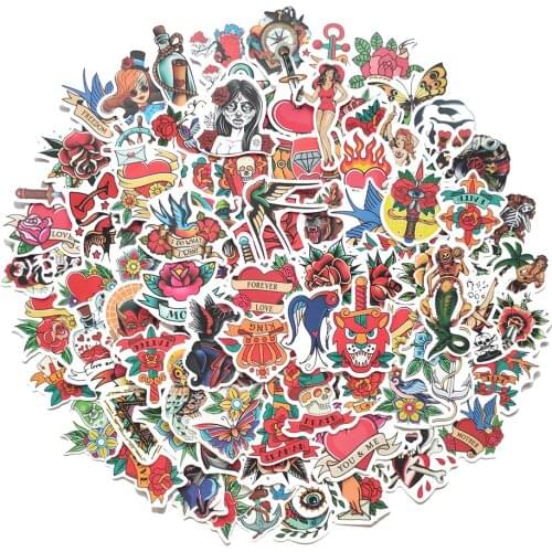 50/100Pcs Retro Color Tattoos Style Stickers Goth Punk Style Graffiti Sticker Refrigerator Skateboard Trolley Case Guitar Decals