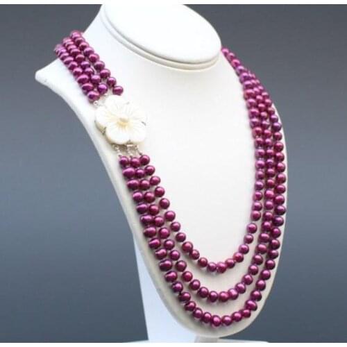 Unique Pearls jewellery Store 8mm 3 rows Purple Round Genuine Freshwater Pearl Necklace Charming Women Gift Fine Jewelry