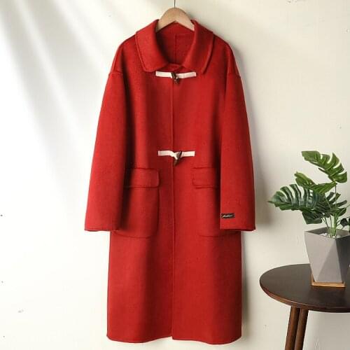 2020 spring new double-sided cashmere coat womens medium and long coat Korean Hepburn horn button wool