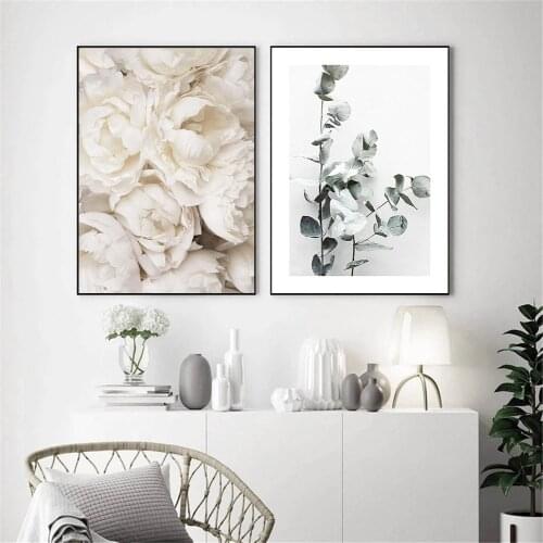 White Roses Canvas Poster Eucalyptus Branch Wall Art Print Flower Painting Nordic Wall Pictures Living Room Modern Decoration