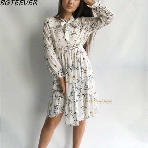 Chiffon High Elastic Waist Party Dress Bow A-line Women Full Sleeve Flower Print Floral Bohemian Dress Female Vestido Plus Size