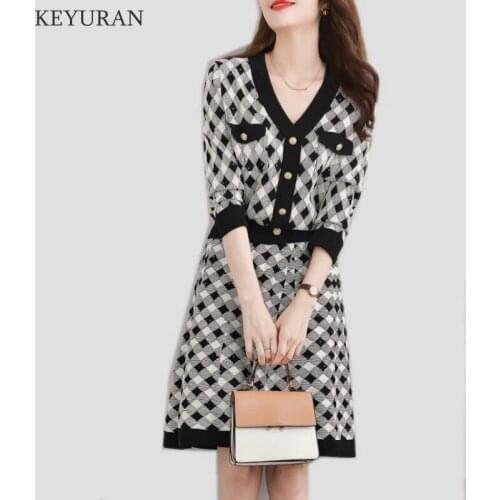 Plaid Knitted Skirt 2 Piece Set Women 2021 Autumn Winter Single-Breasted Cropped Sweater + Knee Length A-Line Skirt Suit Outfits