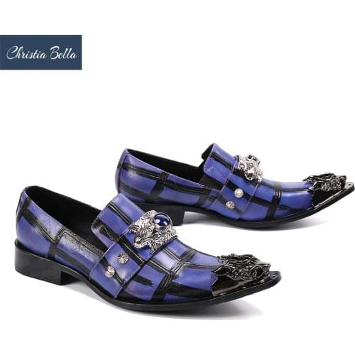 Christia Bella Fashion Rivets Men Genuine Leather Shoes Purple Pointed Toe Male Party Shoes Business Formal Leather Shoes