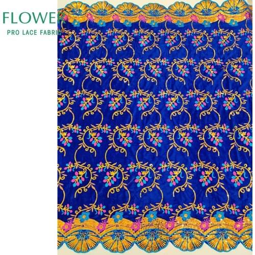 Flower Embroidered Seuqined Velvel Lace Fabric For Indian African Christmas Prom Dress Material Royal Blue Sequins Velvet Fabric