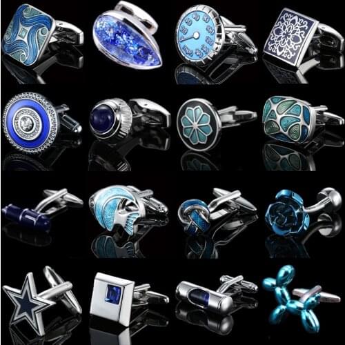 High Quality Mens Cufflinks Blue Rose Stars Knot Fish Crystal French Shirt Cuff Button Wedding Jewelry Gifts For Geometric