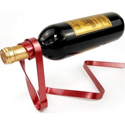 Iron Craft Red Ribbon Floating Suspended Red Wine Rack Home Table Decoration Creative Gravity Balance Bottle Holder Iron Rack