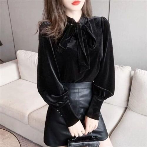 Korean Fashion Office Lady Gold Velvet Blouse Women High Quality Black Puff Sleeve Lace-up Bow Casual Bottoming Shirt Y467