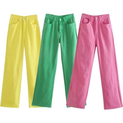 Women 2021 Chic Fashion Five Pockets Coloured Wide-leg Jeans Vintage High Waist Zipper Fly Female Denim Trousers Mujer