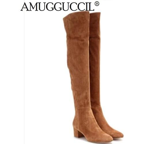 2021 New High Quality Plus Big Size 31-45 Cow Suede Black Brown Gray Zip Over The Knee Thigh Autumn Winter Women Boot X1637