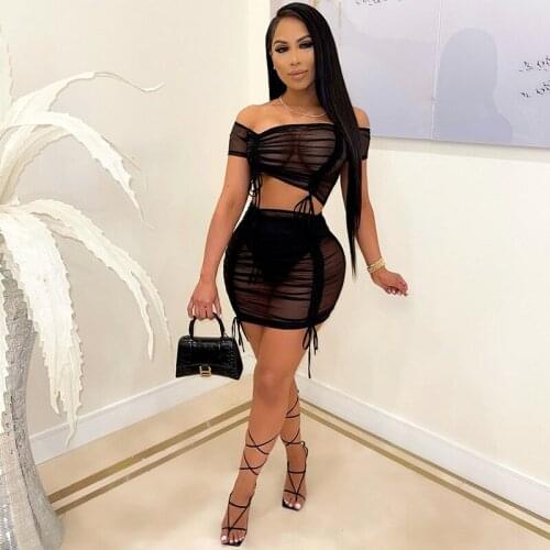 2021 Best Quality Famous Brand 2 pcs Mesh Women Set Solid Slash Neck Short Tops Mini Dress Summer Sexy Club Outfits