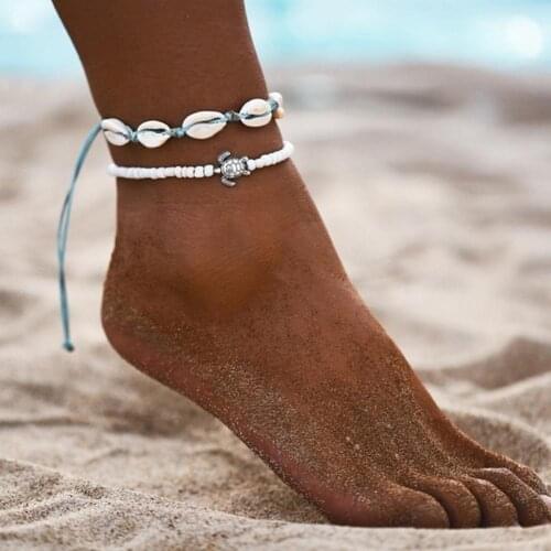 2Pcs Turtle Shell Charm Beaded Anklets Women Ankle Foot Bracelet Sandal Jewelry