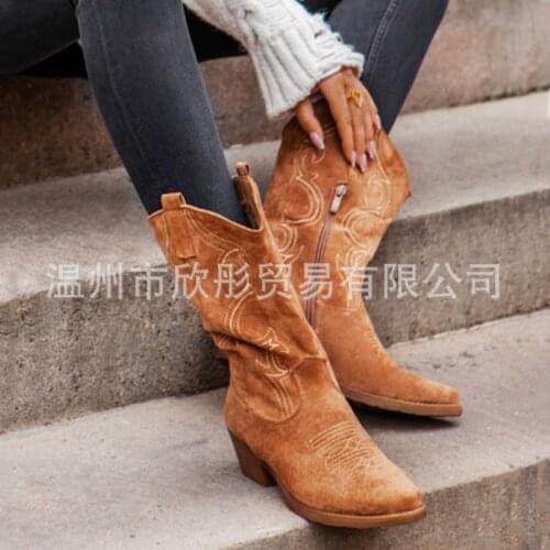 2020 hot style womens shoes pointed toe boots suede mid-tube cowboy boots plus size boot sleeve boots women