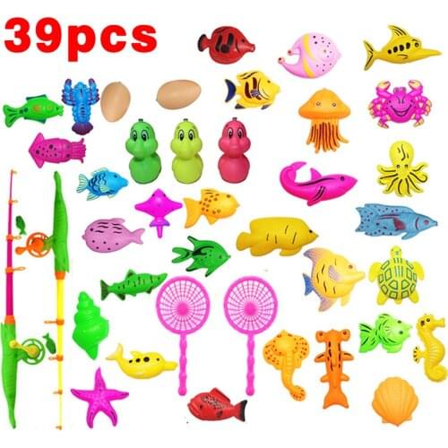 39Pcs Set Plastic Magnetic Fishing Toys Baby Bath Toy Fishing Game Kids 1 Poles 1 Nets 13 Magnet Fish Indoor Outdoor Fun Baby