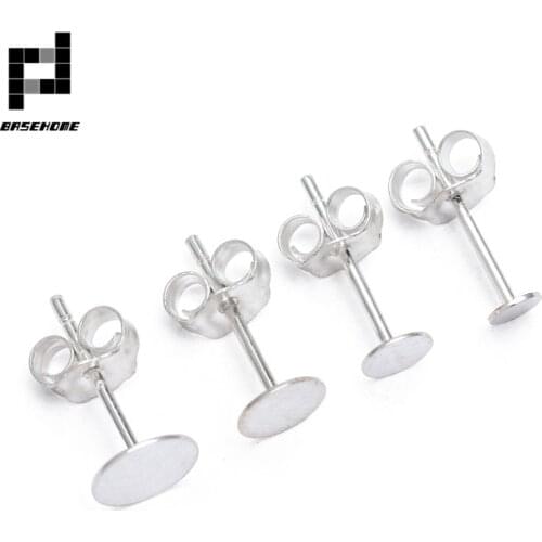 BASEHOME 4pcs 925 Sterling Silver Earrings Settings Blank Round Base Cabochon Stud Ear Flat Base Posts Pure Plug Silver Earrings