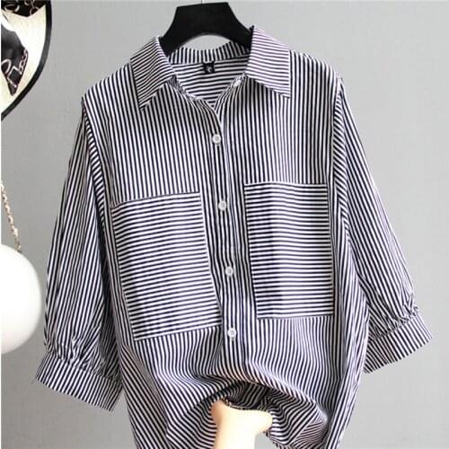 Casual Blouse Femme Blusa Mujer 100% Cotton Striped Shirts 2021 Summer New Korea Fashion Women Turn-Down Collar Loose
