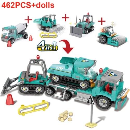 4 in 1 Construction City Engineering Car Building Blocks Compatible Excavator Bulldozer Educational DIY Bricks Toys For Kids