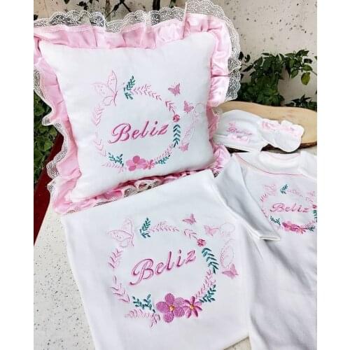Jaju Baby Handmade, Frilly Butterfly And Name Embroidered Baby Newborn Set