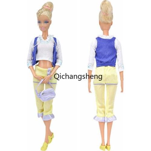 30cm Cosplay Princess Outfits For Barbie Doll Clothes Set White Long Sleeve Shirt Blue Tank Tops Pants Bag 11.5" BJD Accessories