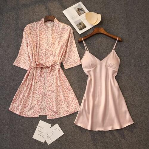Leopard Robe Set Women Nightwear Faux Silk Two Piece Set Kimono Bathrobe Gown Sexy Nightgown Intimate Lingerie 2021 Nightwear