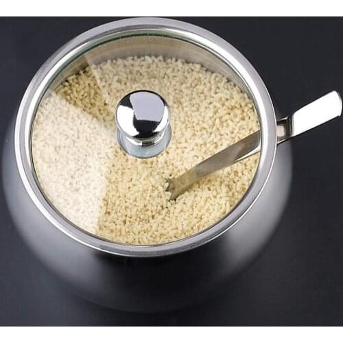 Hot Sugar Bowl With Lid and Spoon 2 Stainless Steel Salt Bowl Spice Jars Set Condiment Pots Silver