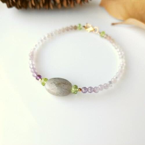 Lii Ji Genuine 3-4mm Multi Color Purple Phantom Quartz Labradorite Peridot Bracelet US 9K GF Elegance Bracelet Jewelry