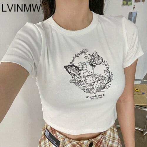 LVINMW Cotton Soft Basic Slim Fairy Print O Neck T Shirts Letter Simple Casual Stretchy Short Sleeve High Quality Women Crop Top