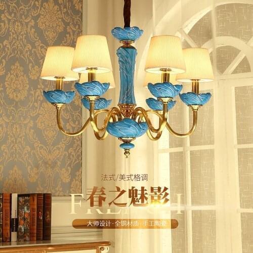 All copper American blue ceramic chandelier living room study bedroom Hotel European retro gold luxury Chandelier