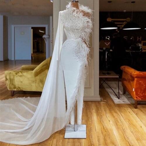 Couture Fashion Long Evening Dress Sexy Split One Shoulder Long Sleeves Beaded Feathers Chic Prom Dresses with Cape Arabic