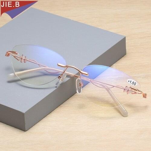 Fashion Sexy Female Cat eye Frameless Reading Glasses Anti-Blue Light Prescription Computer Frame Glasses With Diopter +1.0 +1.5