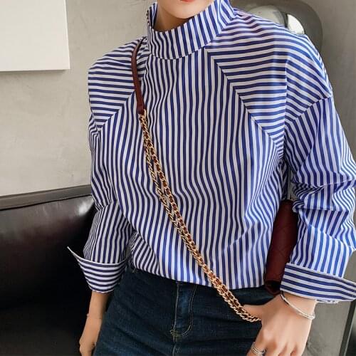 Autumn 2020 Blue and white striped shirt Womens all-match semi-high collar pullover design sense minority chiffon shirt 525