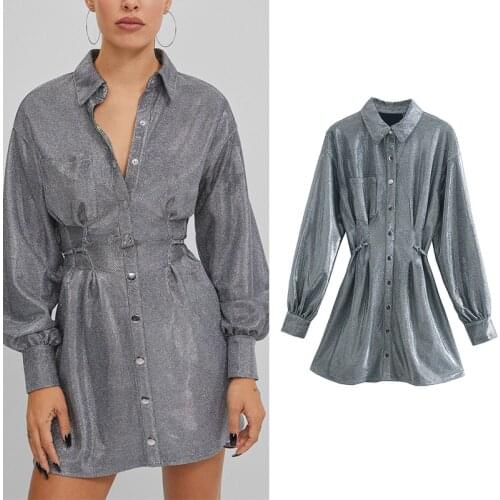 Za Sexy Women Dress Shiny Backless Sashes A-Line Party Dress Long Sleeve Button Empire Shirts Dresses Female Elegant Vestidos