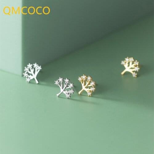 QMCOCO 925 Silver Simple Trendy Trees Shape Zircon Stud Earrings For Women Birthday Party Jewelry Ear Ornaments