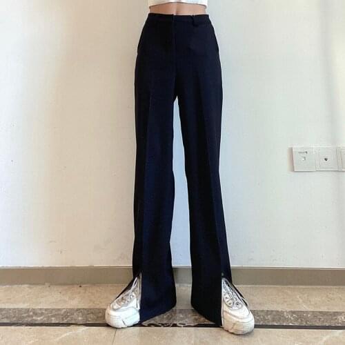Flare Pants Women Trousers Front Split Leg Straight Ladies Work Clothes Streetwear Black Bottom Trousers
