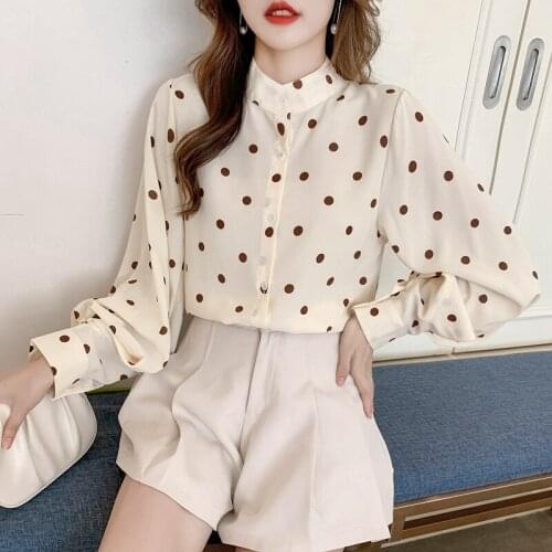 Lantern sleeve polka dot shirt womens long-sleeved autumn new style Korean loose temperament stand-up collar chiffon blouse